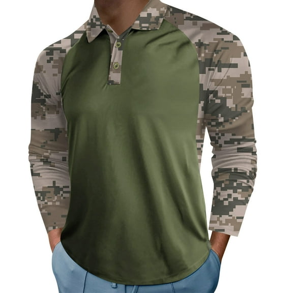 Vedolay Polo Shirts for Men Casual Plaid Patchwork Turndown Long Sleeve Button Shirt Khaki,2XL