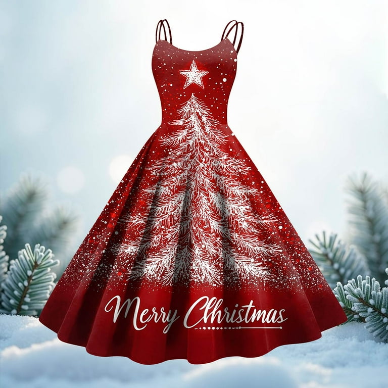 Christmas Midi Dresses for Women Cute Xmas Printed Sleeveless