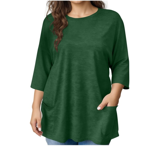 Women's Plus Size 3/4 Length Sleeve Round Neck Tee Shirt with Pockets Casual Spring Summer Basic Solid Loose Tunic Tops
