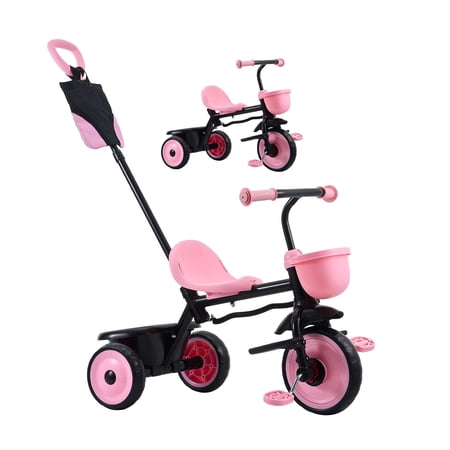 KFFKFF Toddler Tricycle & Stroller for Ages 18 Months to 5 Years, Kids Trike with Push Handle, Adjustable Seat & Storage, Outdoor Play Tricycle, Gift for Boys and Girls
