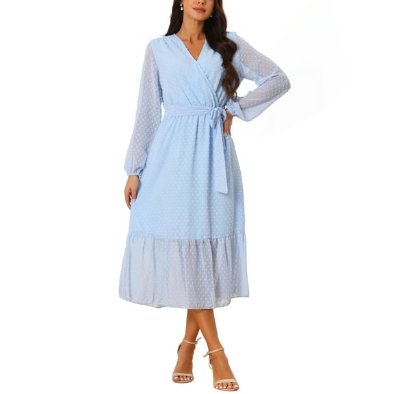 INSPIRE CHIC Women's 2024 Swiss Dots Midi Dress Long Sleeve V Neck Boho Long Dress High Waisted A-Line Swing Dress