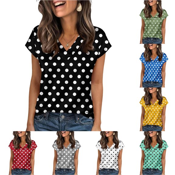 YMNXA Womens T Shirts Short Sleeve V Neck Polka Dot Print Slim Fit Fashion Soft Breathable Tee Top For Casual Daily Wear,Black,XXL