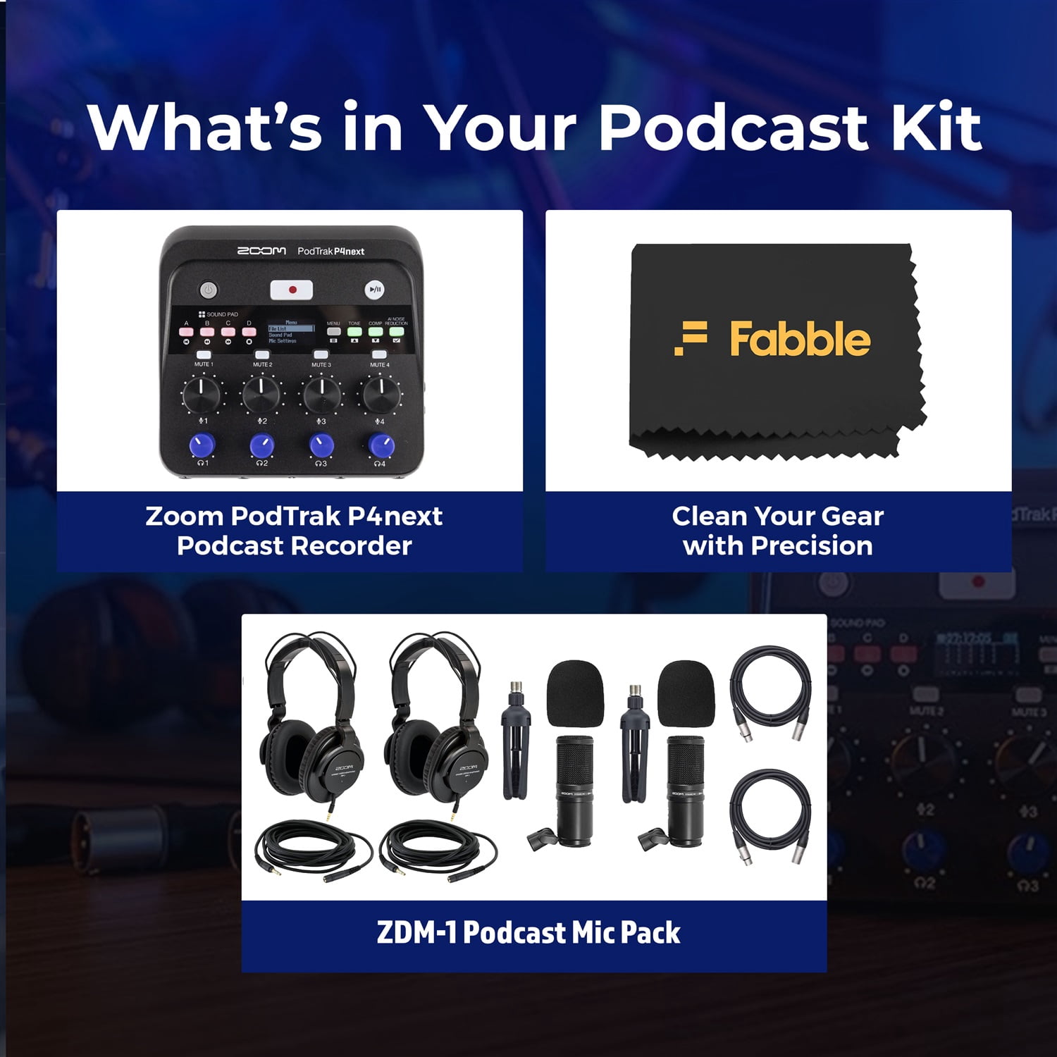 Zoom PodTrak P4next Portable Multitrack Podcast Recorder Bundle – Includes High-Quality Microphones, Comfortable Headphones, Windscreens, and Adjustable Desktop Mic Stand for Professional Podcasting