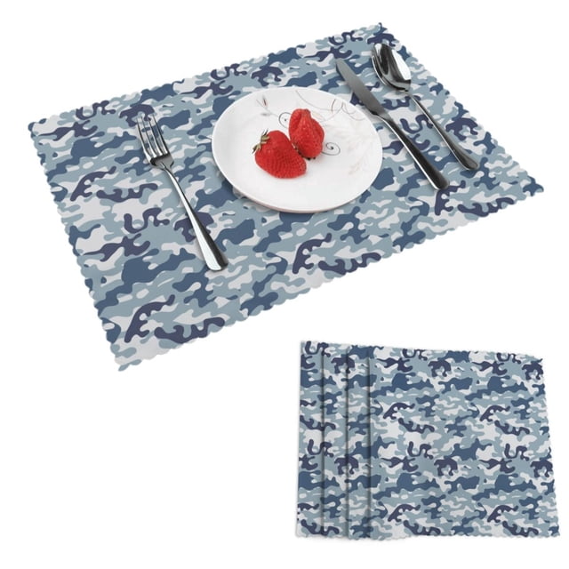 DouZhe Polyester Placemats Set of 4, Geometric Blue Camouflage Pattern Heat Resistant Place Mats for Dining Table, 12" x 18"