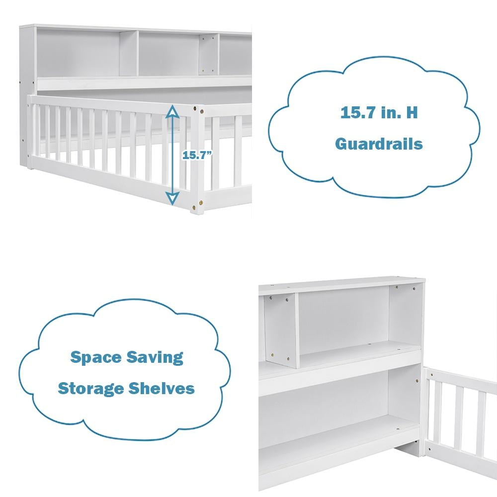 Bellemave Twin Size Floor Bed Frame with Fence and Bookcase Wood Floor Bed Low Montessori Bed Frame with Storage Shelves (Twin, White)