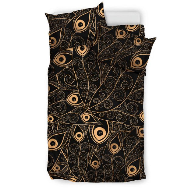 Juego de cama con estampado de plumas de pavo real dorado