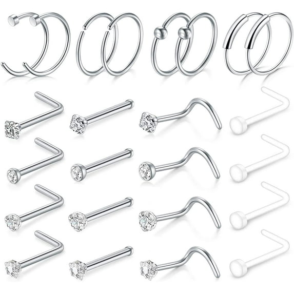 32 PCS 20G Nose Rings for Women Nose Rings Hoops Nose Studs Screw Nose Piercings Jewelry Stainless Steel for Women Men Silver Rose Gold Black Rainbow