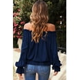 thumbnail image 2 of ABPHQTO Blusa azul marino con hombros descubiertos y manga abullonada con volantes para mujer, 2 of 5