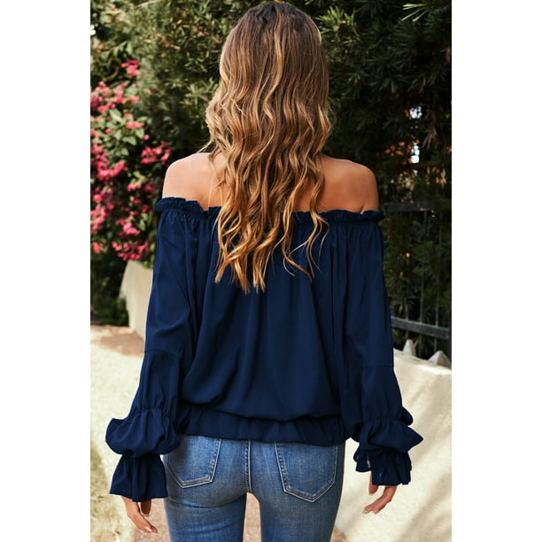 ABPHQTO Blusa azul marino con hombros descubiertos y manga abullonada con volantes para mujer Bodega Aurrera en linea