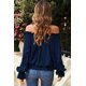 thumbnail image 2 of ABPHQTO Blusa azul marino con hombros descubiertos y manga abullonada con volantes para mujer, 2 of 5
