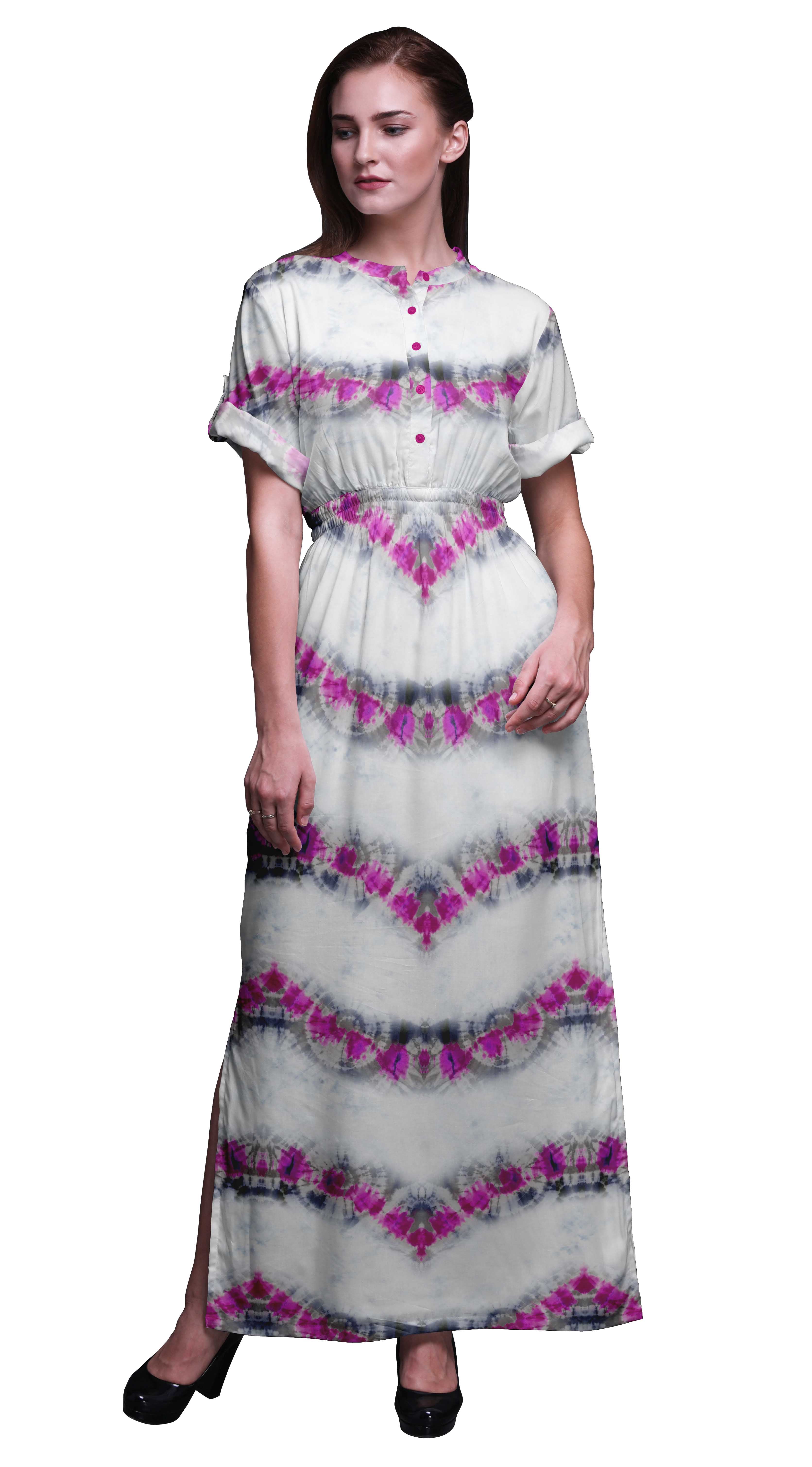 Bimba Women's Rayon Long Maxi Dress – Block Print With Side Slit, Black Boho Gown