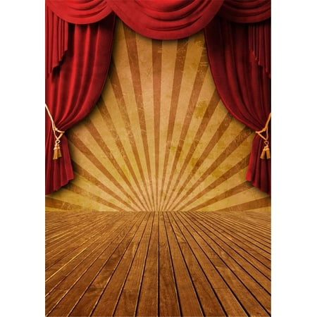 Image of ABPHOTO Polyester Red Curtain Stage Backdrops Vintage Brown Wood Panel Floor Digital Backgrounds for Photographers Children Kids Photo Booth Backdrop 5x7ft