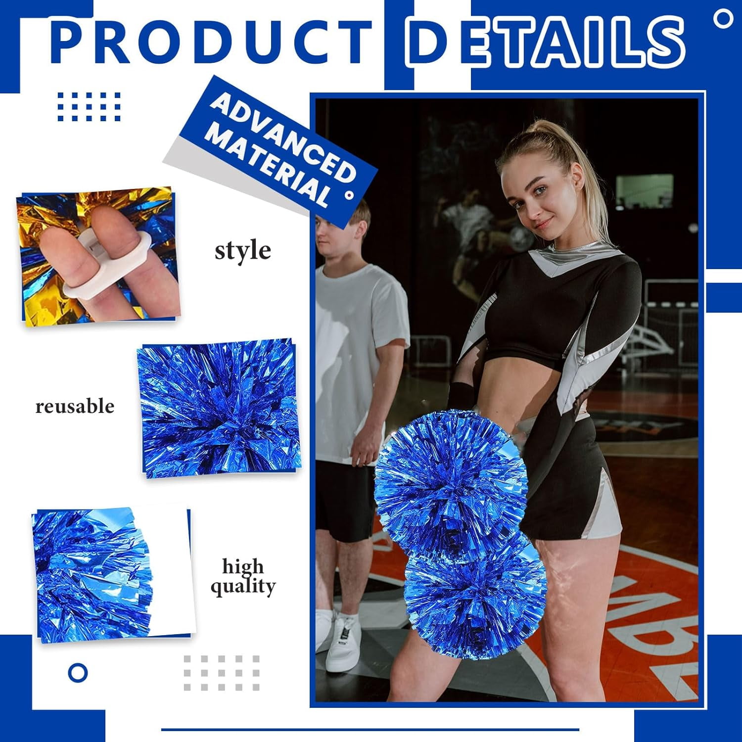 Cheerleader Pom Poms 12 Pack Sports Dance Cheering Plastic Metallic Cheerleading Pom Poms for Kids Adults-Ring Style