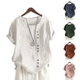 thumbnail image 3 of Women Shirts Cotton Linen Tops Short Sleeve Loose Classic Shirt Blouse O Neck Button Tees, 3 of 4