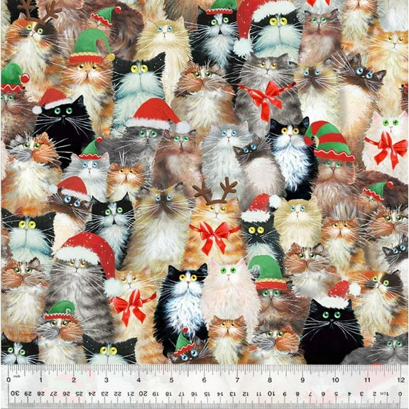 Cotton Meowy Christmas Christmas Cats With Hats Bows All Over Windham Fabrics Cotton Fabric Print by the Yard (54484-3)