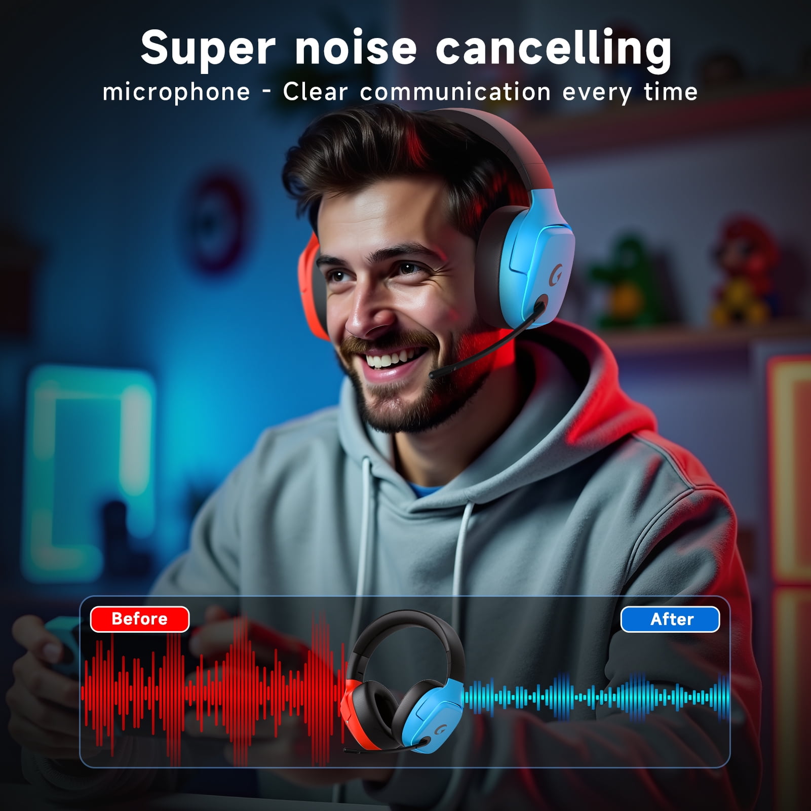 Wireless Gaming Headset 2.4GHz for PS5/PS4/PC/Switch - Bluetooth 5.3 Headphones with Noise-Canceling Mic, 7.1 Surround Sound, 70H Battery Life, RGB Lights, Foldable, Portable-Red&Blue