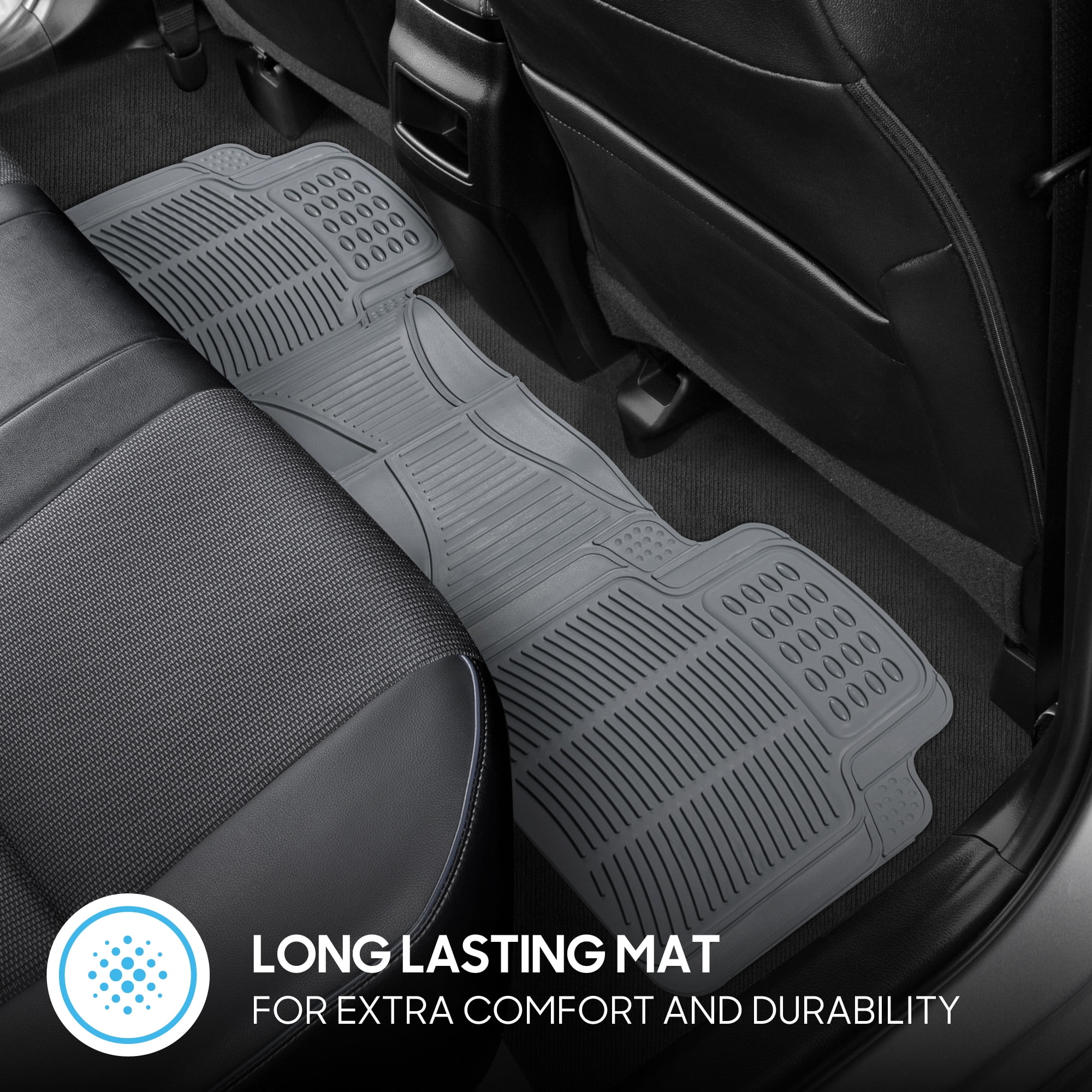 BDK 3-Piece Gray Rubber Floor Mats (Front + Rear), Heavy Duty Universal Fit Liners for Cars SUVs Trucks Vans, All Weather Protection Anti-Slip Nibs, Flexible Contours Fits Most Vehicles
