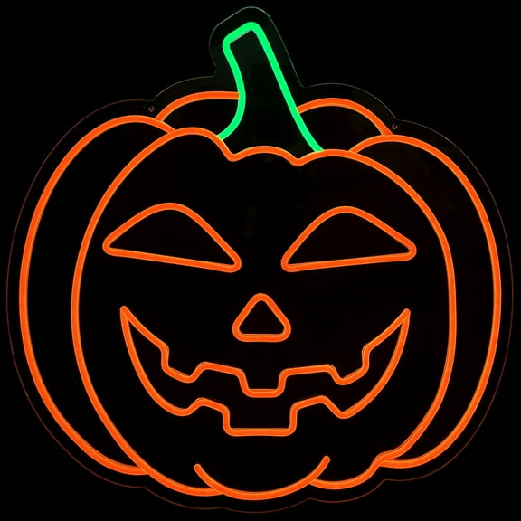 LED Neon Strip Light Jack-O-Lantern Halloween Decoration - Lighted Pumpkin Sign - Orange and Green - 24 Inch