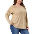 thumbnail image 4 of Plus Size Top for Women Long Sleeve Crew Neck Pleated Shirts Loose Fit Tunic Tops 3X Khaki, 4 of 5
