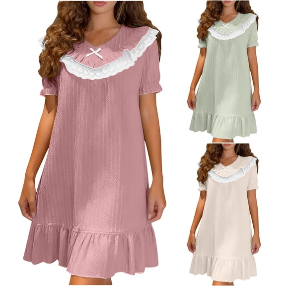 Sakmal Nightgowns Women Long Plus Size Sleepwear Short Sleeve Beige Nightgowns for Women L