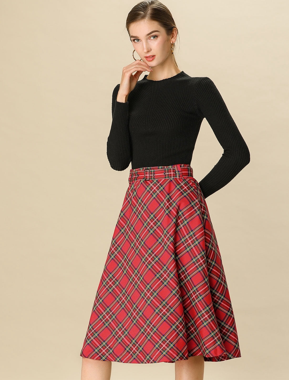 DARING DIVA Women's Plaid Belted Vintage A-Line Midi Skirt 3XL Red