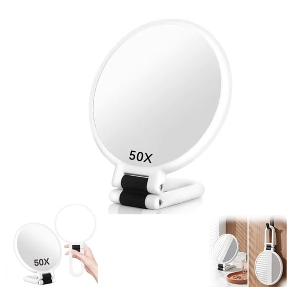 50X Magnifying Mirror – Double-Sided Handheld Makeup Mirror with 360° Adjustable Handle, Wall Mount & Tabletop Design for Precise Grooming, Skincare & Beauty (White)