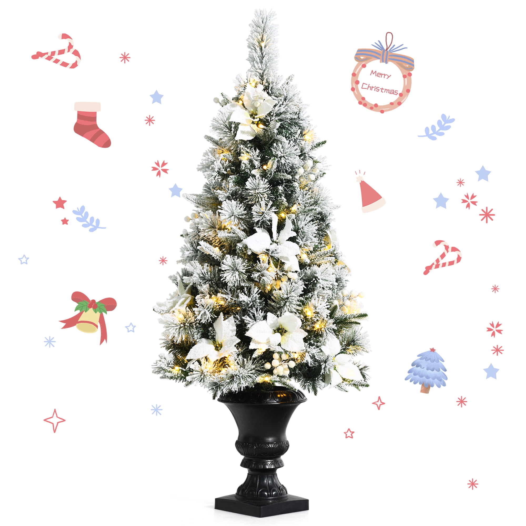 Gymax 4 Ft Pre Lit Christmas Entrance Tree Snow Flocked Xmas Tree W Led Lights Walmart Com