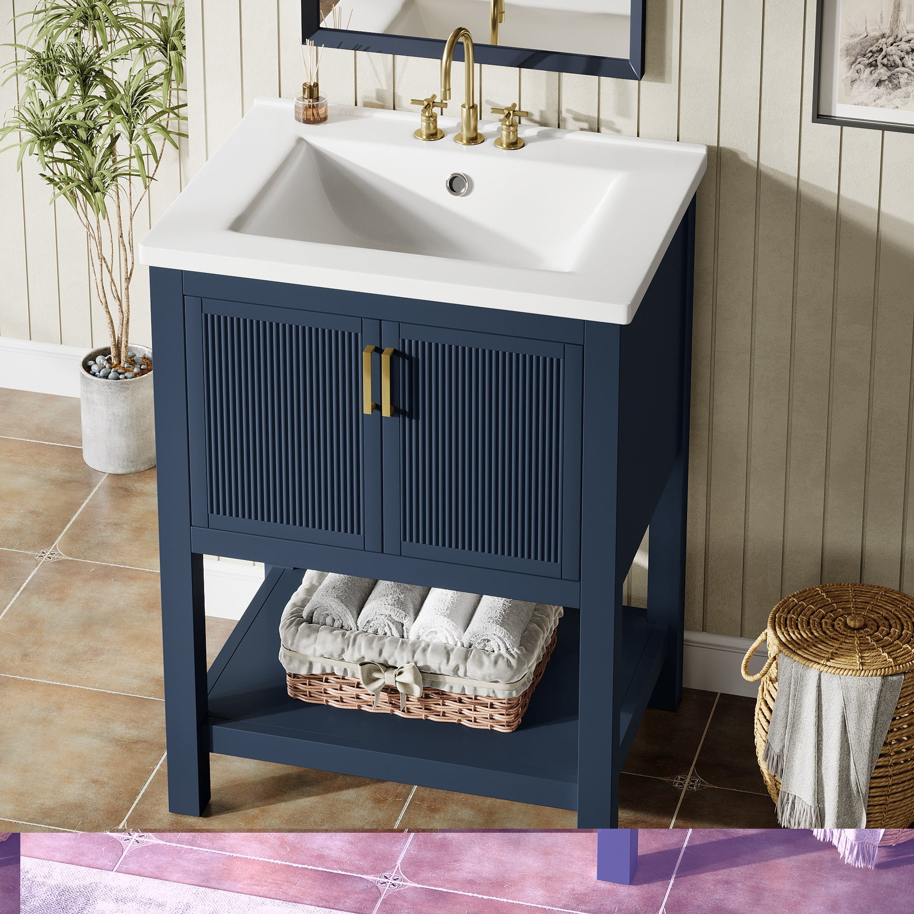 Fnova 24" Bathroom Vanity with Sink, Modern Bathroom Sink Cabinet with Ceramic Basin for Small Space, Freestanding Storage Cabinet with 2 Doors & 1 Open Shelf, Navy Blue