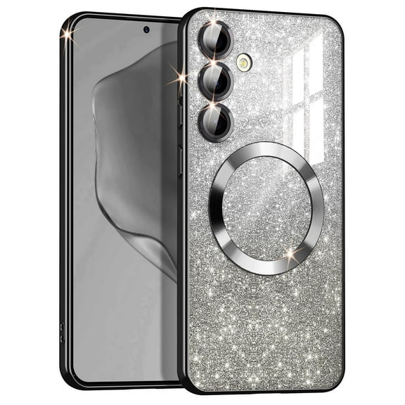CASEFIV for Samsung Galaxy S24 Case,Compatible with MagSafe,Clear Magnetic Glitter Gradient Sparkle Luxury Plated Soft TPU Bumper Full Camera Lens Protector,Black