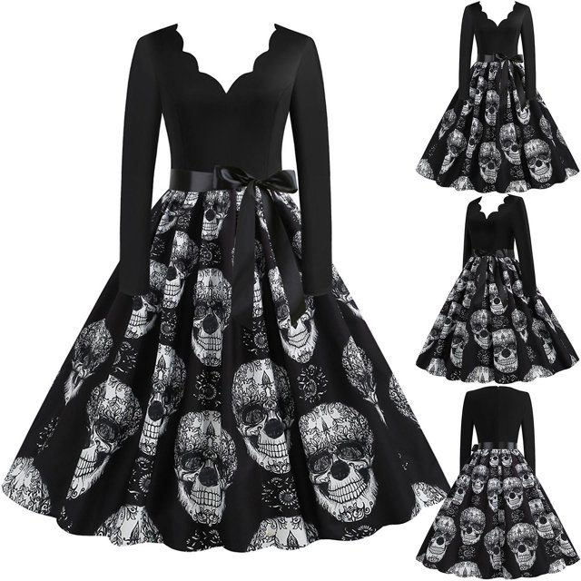 Vestido de manga larga con estampado de calavera para mujer Vintage de manga larga Halloween