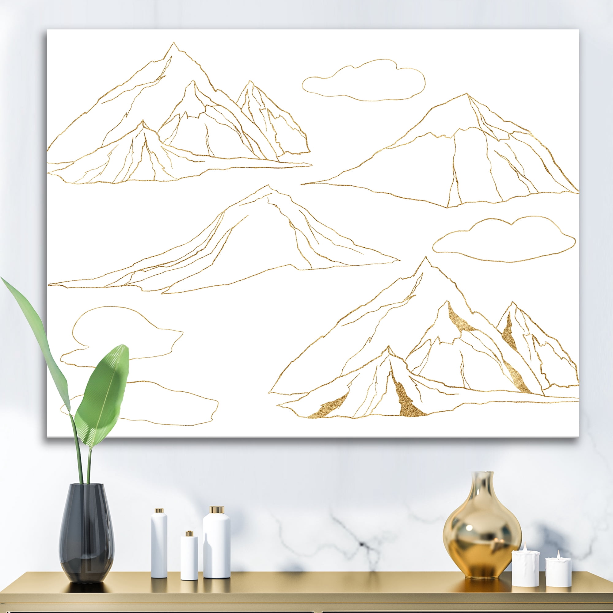 Designart ' Minimalistic Gold Linear Set Of Clouds and Mountains ' Modern Canvas Wall Art Print