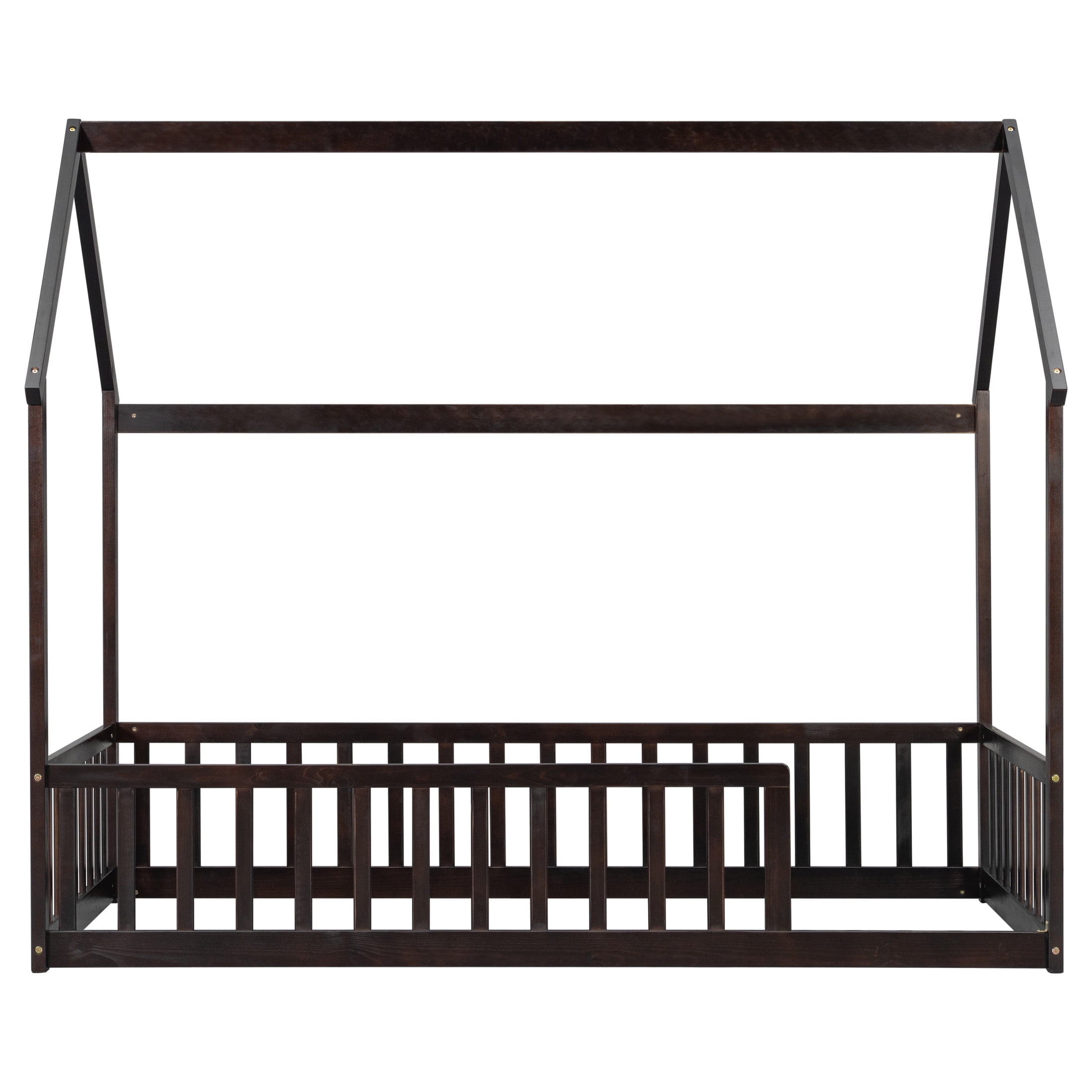 Noble House Morde Twin Size House Floor Bed with Gable Roof Frame & Safety Guardrails, Pine Wooden Bed Frame, Espresso