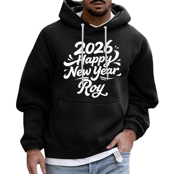 2026 Happy New Year Roy Pullover Hoodie Unisex Long Sleeve Casual Sweatshirt with Front Pocket Drawstring Hood Black L