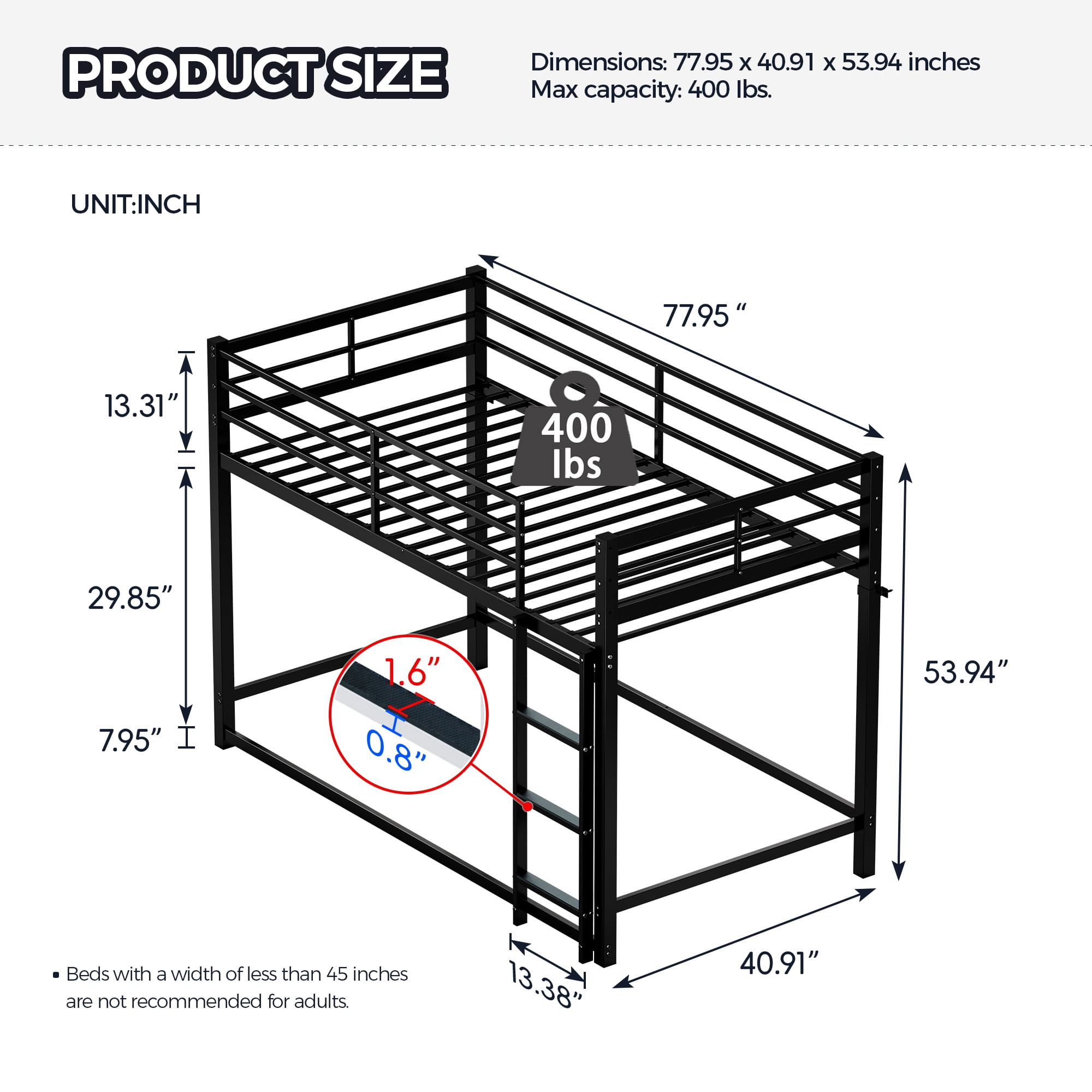 MAYEERTY Twin Over Twin Metal Bunk Bed, Low Profile Heavy Duty Bed Frame with Ladder and Guardrail