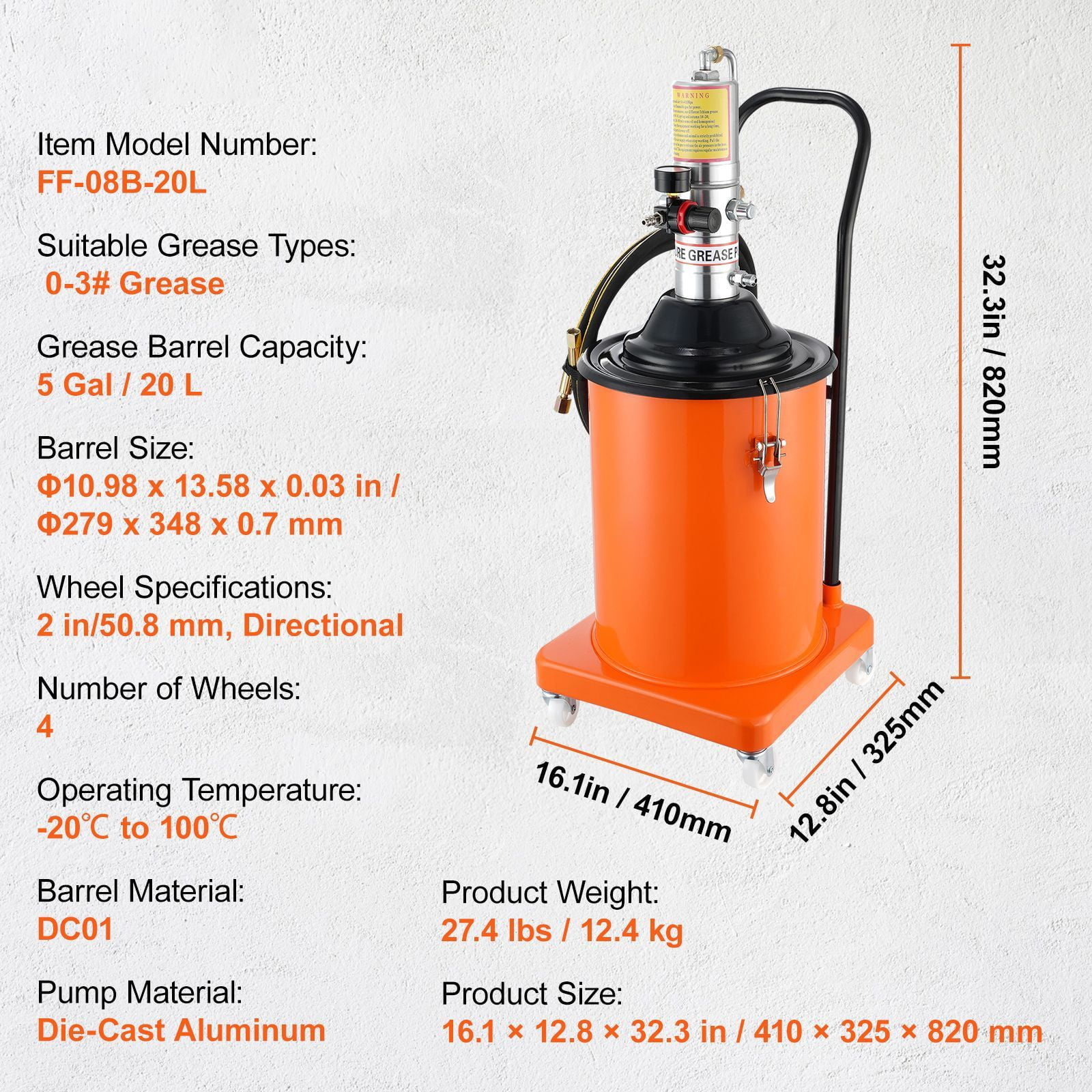 Dranite Air Operated Grease Pump, 5 Gallon (20L) Portable Pneumatic Lubrication System with 13ft High Pressure Hose, Grease Gun & Wheels, 50:1 Pressure Ratio for Industrial Maintenance