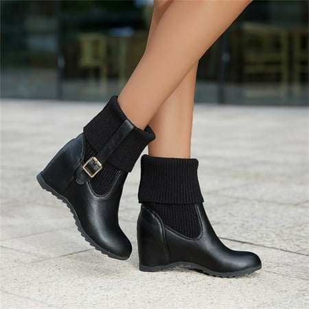 

Jsaert Ladies Fashion Solid Color Knit Mouth Adjustable Buckle Inner Heightening Wedge Boots