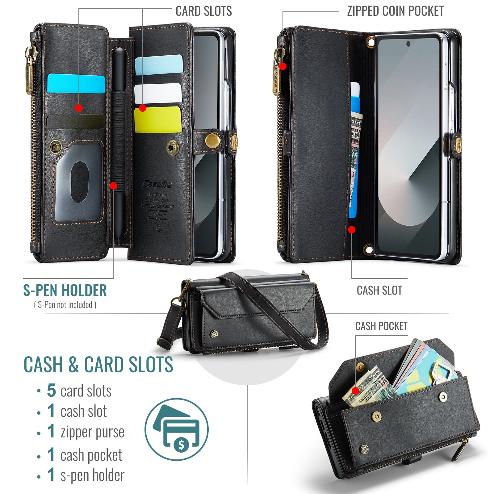 for Samsung Galaxy Z Fold 7 Full Body Protection Wallet Folio Flip Case, Shoulder Strap & Wristlet Card Slots Zipper Pocket RFID Blocking Rugged Durable PU Leather Phone Case Cover, Black