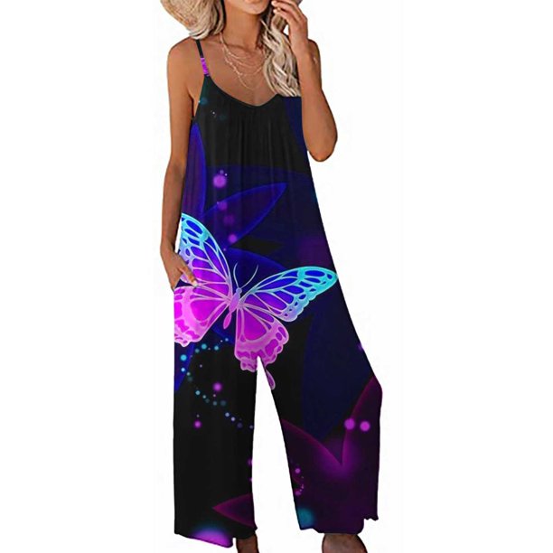 ICHUANYI Clearance Women Print Jumpsuit Pajamas Casual Sling Wide Leg Long Pants(Multicolor, M) ICHUANYI WER2023080806606