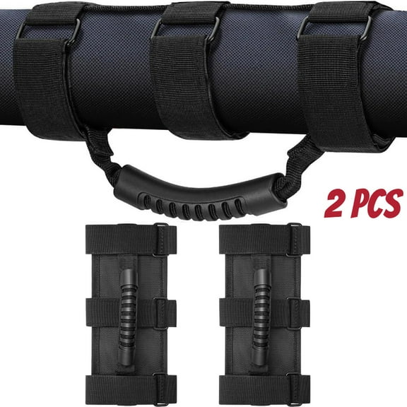 2 Pack Grab Handle Set Compatible w/ Jeep Wrangler TJ YJ JK, 3 Straps Design BlK