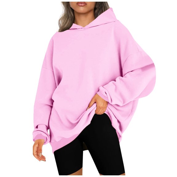 QUYUON Hooded Sweatshirts for Women Loose Fit Hoodies Pullover Tops Long Sleeve Crew Neck Oversized Sweatshirt Winter Sweater Coat Casual Fall Sweatshirts Hoodies Shirts Pink XXL