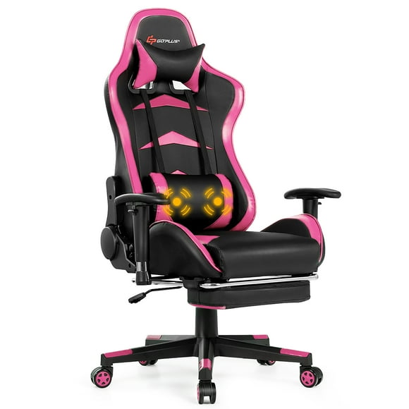 Goplus Chaise de Jeu de Massage Inclinable Pivotante Chaise de Course de Bureau avec Repose-Pieds Rose