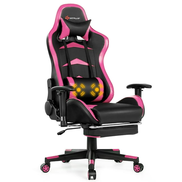 Goplus Chaise de Jeu de Massage Inclinable Pivotante Chaise de Course de Bureau avec Repose-Pieds Rose