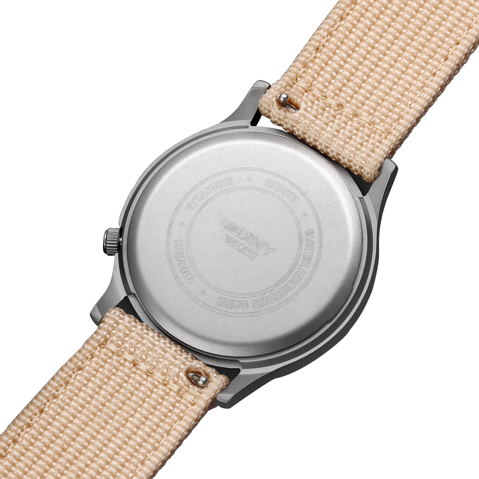 BERNY Titanium Watches for Men, Sport Military Men Watch with Canvas Strap, Japanese Quartz Movement, Super Luminous, Fashion Men's Field Watch, Casual 5ATM Waterproof Army Wristwatch, Beige
