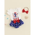thumbnail image 5 of Raccmtaty 4th of July Baby Girls Outfits Letter Print Short Sleeve Rompers Bowknot Ruffles Stars Print Shorts Headband 3Pcs Clothes Set, 5 of 9