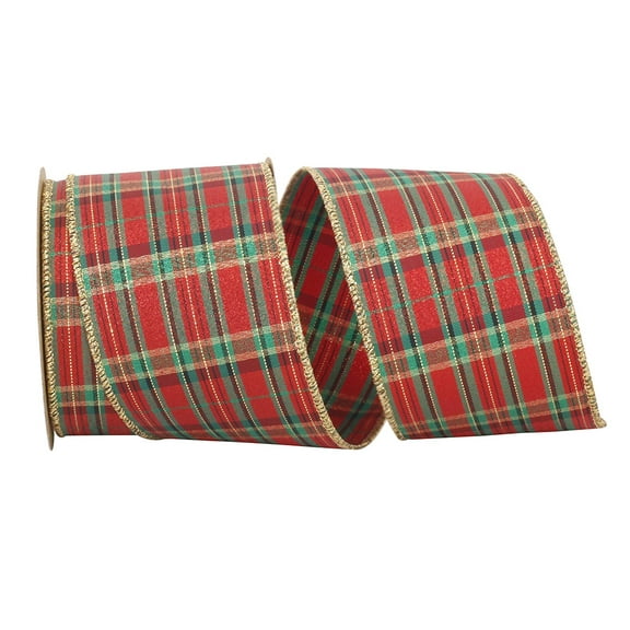 Vintage Christmas Wreath Wired Ribbon - 2 1/2" x 10 Yards, Metallic Gold Edges, Red, Green, Plaid, Garland, Gifts, Swag, Bows, Gift Basket, Decoration