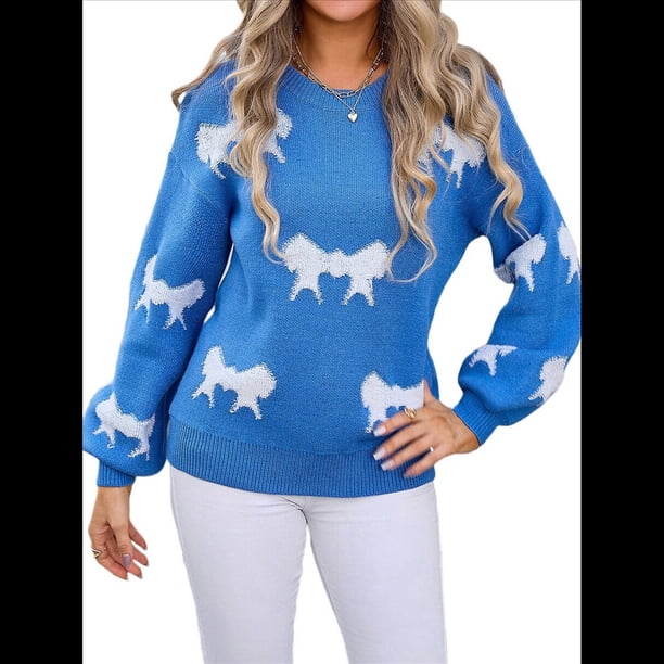 Suéter de Mujer Otoño 2025 - Jersey de Larga con Cuello Redondo, Jersey de Punto Oversize, Jersey Informal con Estampado Azul S