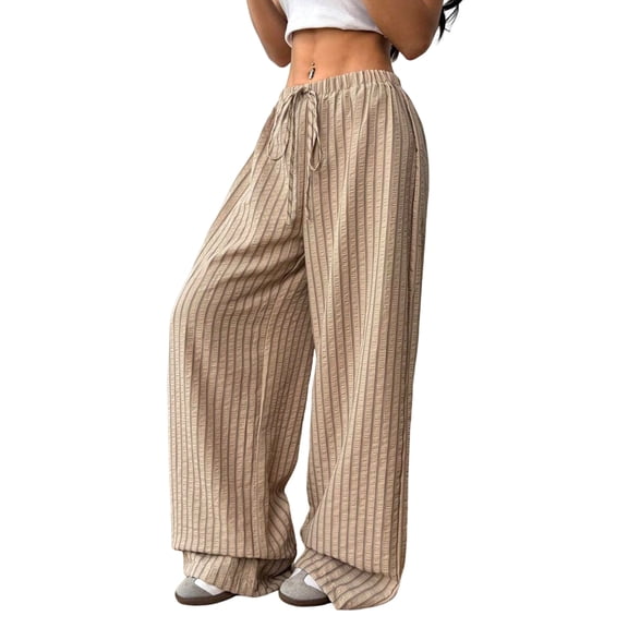 Women Drawstring Striped Pants Loose Wide Leg Trousers Casual Low Waist Pants Comfy Lounge Pants Khaki Blue Stripe S