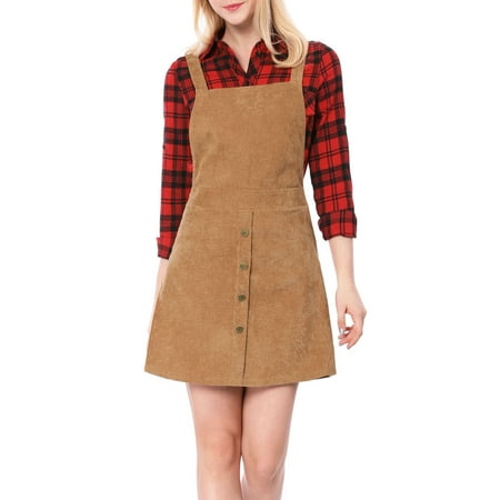 Women Corduroy Button Decor A Line Suspender Overall Dress Skirt Brown L (US 14)