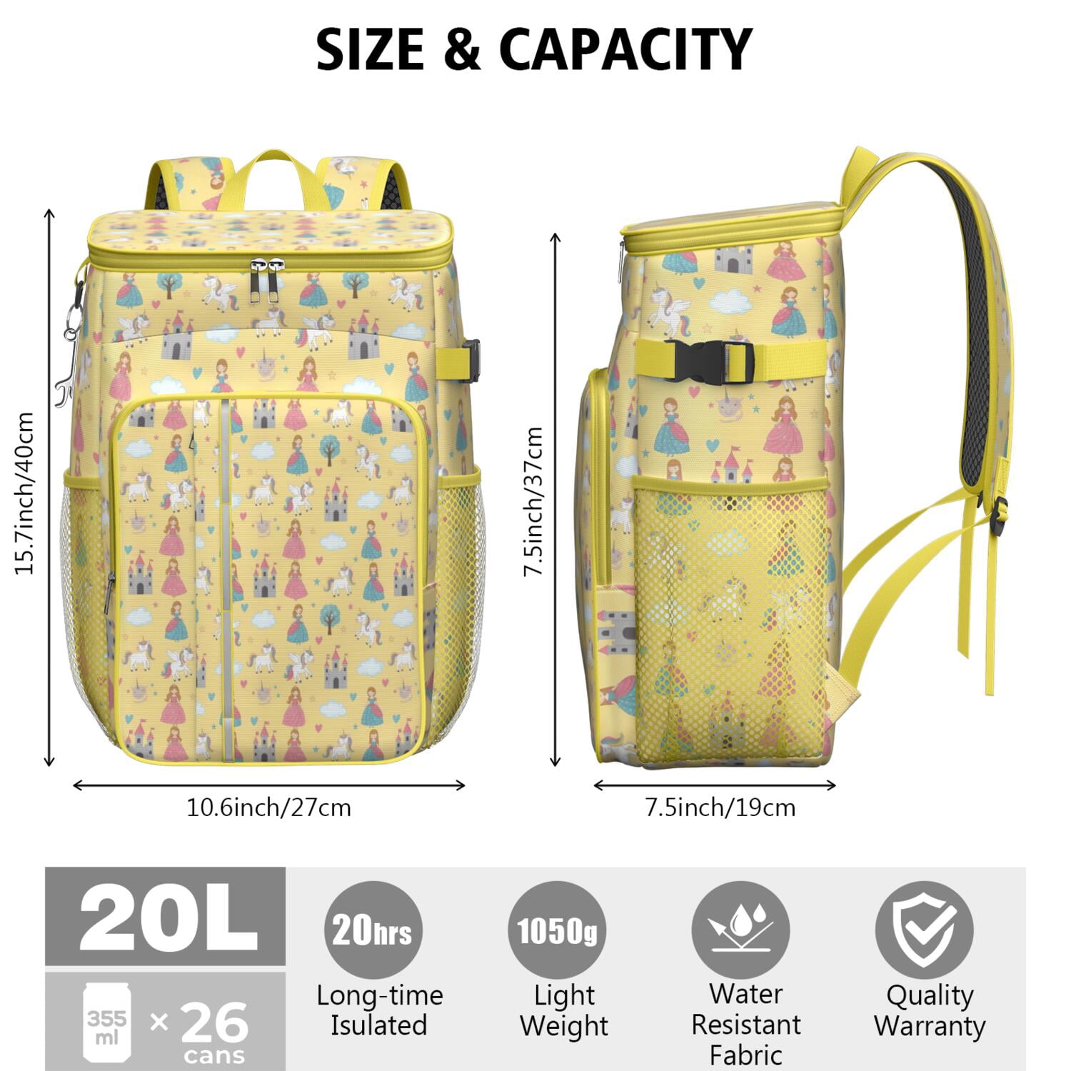 Travel Cooler Bag - Yellow Princess Castle Unicorn Pattern Camping Beer Cooler Backpack with Bottle Opener- Waterproof Insulated Picnic Backpacks - Cooler Bag for Beach