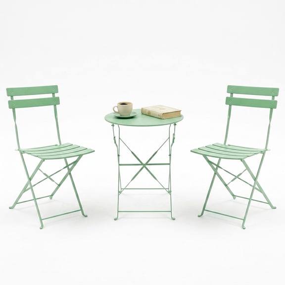 Yardgrace 3-Piece Folding Steel Patio Bistro Set, 2 Chairs and Table, Pea Green